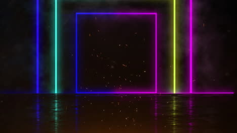 Animation-of-colourful-neon-shapes-moving-on-black-background