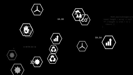 Animation-of-moving-ecology-icons-and-data-processing-on-black-background