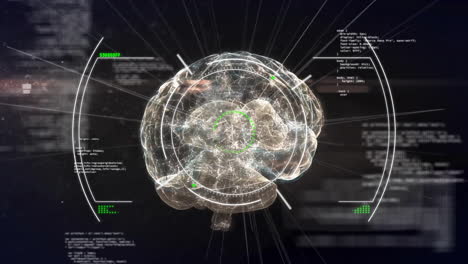 Animation-Des-Menschlichen-Gehirns,-Oszilloskop-Scanning-Mit-Datenverarbeitung-Auf-Dunklem-Hintergrund