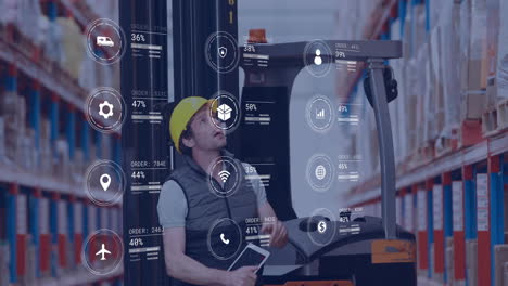 Animation-of-icons-and-digital-data-processing-over-caucasian-man-in-forklift-working-in-warehouse