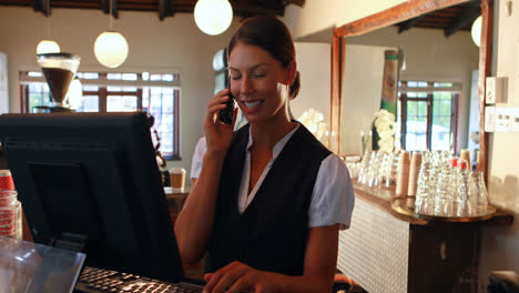 Waitress-talking-on-the-phone-at-counter