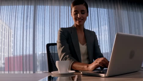 Female-business-executive-having-coffee-while-using-laptop