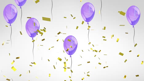 Animation-Von-Goldenem-Konfetti,-Das-über-Violette-Partyballons-Fällt,-Die-Auf-Grauem-Hintergrund-Aufsteigen