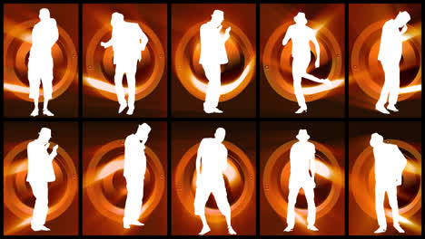 Animation-of-twelve-men-silhouettes-dancing-against-orange-and-black-background