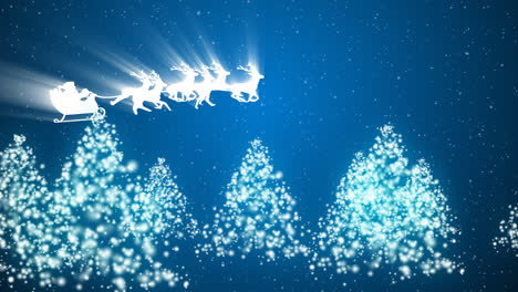 Animation-Von-Weihnachtsmann-Und-Rentier,-Die-über-Bäume-Und-Schnee-Fliegen