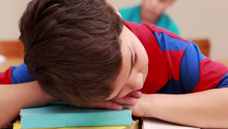 Little-boy-sleeping-on-a-book-in-classroom
