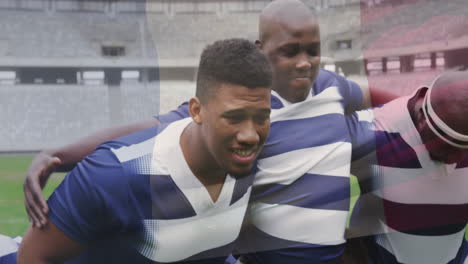 Animation-Der-Flagge-Frankreichs-über-Verschiedenen-Männlichen-Rugbyspielern-Auf-Dem-Rugbyfeld