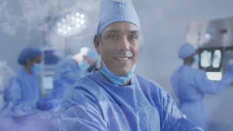 Animation-of-clouds-over-biracial-male-doctorin-hospital