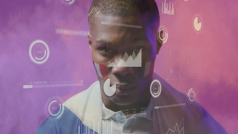 Animation-Von-Diagrammen-Zur-Datenverarbeitung-über-Einem-Afroamerikanischen-Männlichen-Sportfan-Mit-Französischer-Flagge-Im-Gesicht
