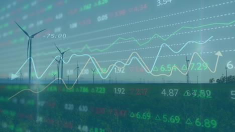 Animation-of-diagrams-and-stock-market-over-wind-turbines
