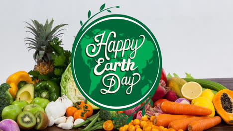 Animation-of-happy-earth-day-text-over-vegetables-and-fruit