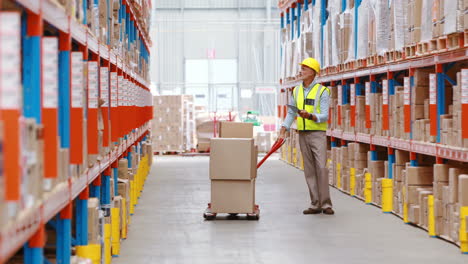 Warehouse-worker-using-digital-tablet-while-checking-packages