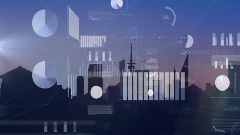 Animation-Der-Datenverarbeitung-Und-Diagramme-über-Dem-Stadtbild