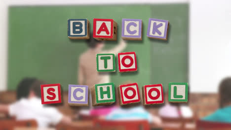 Zurück-Zur-Schule-Nachricht,-Umgeben-Von-Symbolen-Mit-Lehrern,-Die-Kinder-Unterrichten