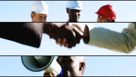 Architects-at-work,-handshake-and-man-with-a-megaphone.-Concept-of-teamwork