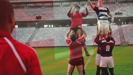 Animation-of-flag-of-switzerland-over-diverse-male-rugby-players-at-stadium