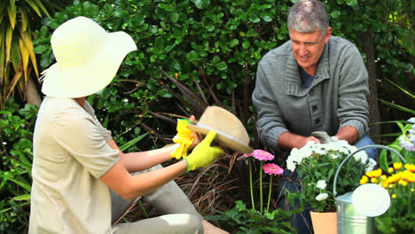 Couple-putting-on-their-gardening-hats-and-gloves-