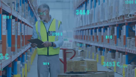 Animation-of-digital-data-processing-over-caucasian-man-working-in-warehouse