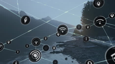 Animation-of-network-of-connections-with-icons-over-mountain-landscape