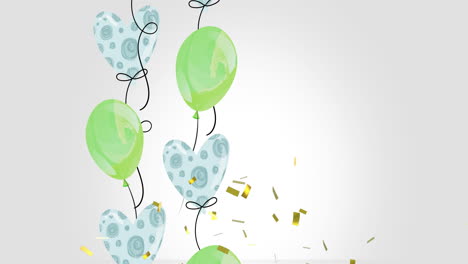 Animation-of-gold-confetti-falling-over-green-and-blue-patterned-party-balloons-on-grey-background