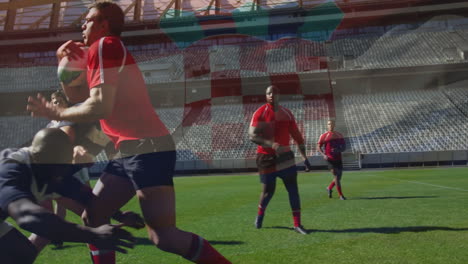 Animation-of-flag-of-croatia-over-diverse-male-rugby-players-on-rugby-field