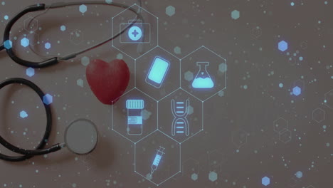 Animation-Von-Medizinsymbolen-über-Stethoskop-Und-Herz