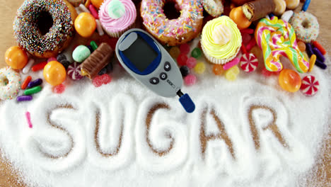 Various-types-of-doughnuts-and-cupcakes-with-glucometer