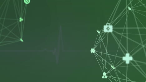 Animation-of-network-of-connections-with-medical-icons-over-cardiograph-on-green-background