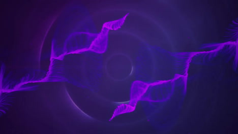 Animation-of-purple-waves-and-rings-of-light-moving-on-dark-background