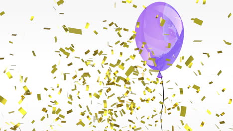 Animation-of-gold-confetti-falling-over-purple-party-balloon-on-white-background