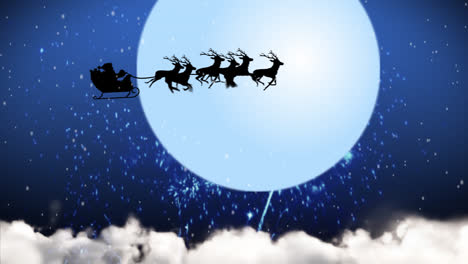 Animation-Von-Weihnachtsmann-Und-Rentier,-Die-über-Den-Mond-Fliegen