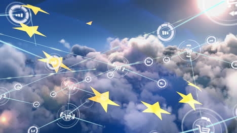 Animation-of-network-of-connections-with-icons-over-clouds-and-eu-flag