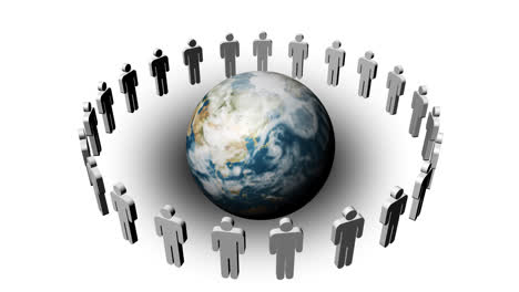 Menschen-In-Einem-Kreis,-Der-Sich-Um-Den-Planeten-In-Der-Mitte-Dreht.-Konzept-Der-Teamarbeit