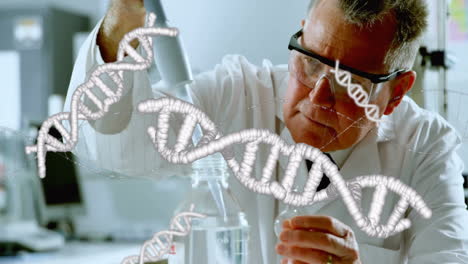 Animation-of-dna-strands-and-scientific-data-processing-over-male-caucasian-scientist-in-laboratory
