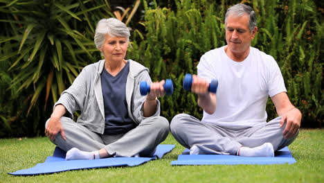 Senior-couple-doing-dumbell-exercises-on-gym-mats