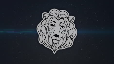 Animation-of-lion-head-illustration-over-blue-light-and-starry-night-sky