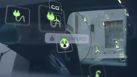 Animation-of-eco-icons-and-data-processing-over-woman-using-smartphone-in-car