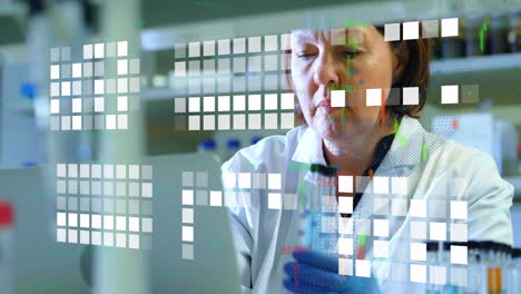 Animation-of-scientific-data-processing-over-female-caucasian-scientist-in-laboratory