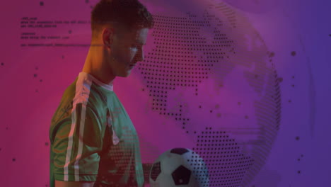 Animation-of-processing-data-and-globe-over-caucasian-male-footballer-playing-with-ball-on-purple