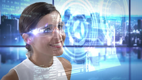 Smiling-woman-is-using-futuristic-glasses