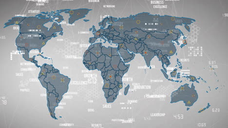 Animación-De-Red-De-Conexiones-Con-Textos-Sobre-Mapa-Mundial-Y-Fondo-Blanco