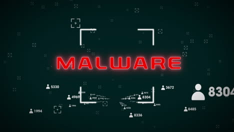 Animation-of-malware-text-over-social-media-icons-with-numbers-on-black-background