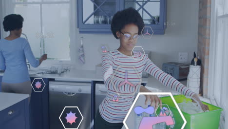 Animation-Von-Öko-Symbolen-Und-Datenverarbeitung-über-Afroamerikanische-Frauen,-Die-Zu-Hause-Recyceln