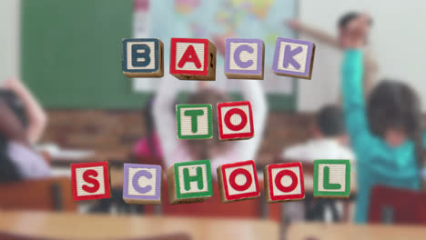 Zurück-Zur-Schule-Nachricht,-Umgeben-Von-Symbolen-Mit-Lehrern,-Die-Kinder-Unterrichten