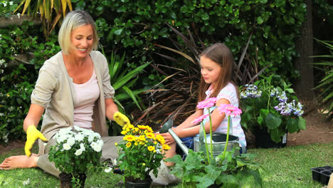 Little-girl-and-mother-potting-flowers-in-garden
