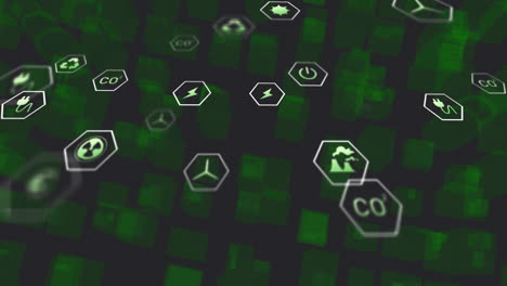 Animation-of-ecology-icons-over-green-shapes-on-black-background