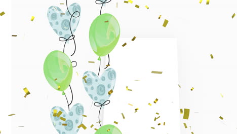 Animation-of-gold-confetti-falling-with-green-and-blue-party-balloons-over-white-rectangle-on-grey