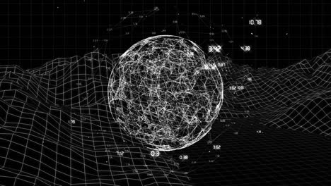 Animation-of-globe-with-data-processing-over-digital-mountains-on-black-background