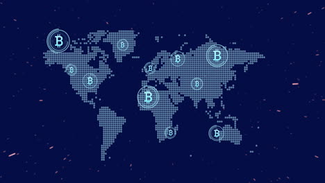 Animación-De-Iconos-De-Bitcoin,-Procesamiento-De-Datos-Digitales-Sobre-El-Mapa-Mundial