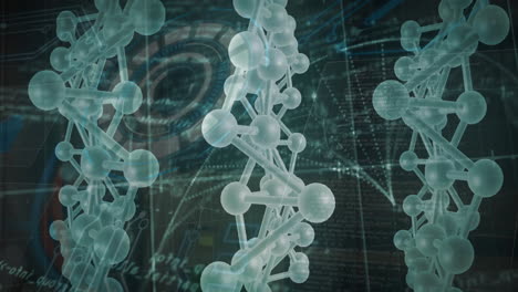 Animation-Von-Molekülen-Und-DNA-Strängen-über-Der-Datenverarbeitung-Mit-Oszilloskop-Scan-Auf-Schwarzem-Hintergrund